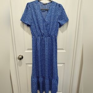 Blue Midi Dress with Tiny White Floral Print #0676